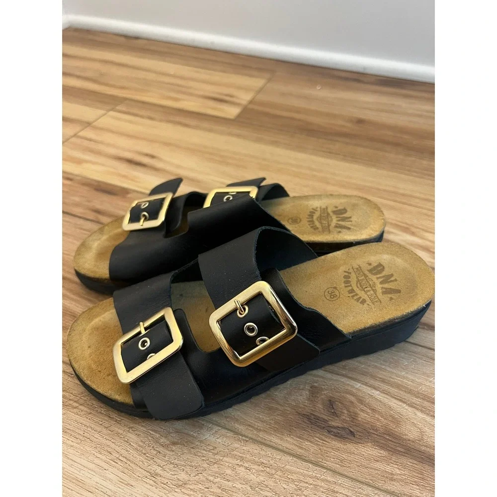 DNA Footwear Black Leather Platform Buckle Slide‎ Sandals Gold Buckles Size 38